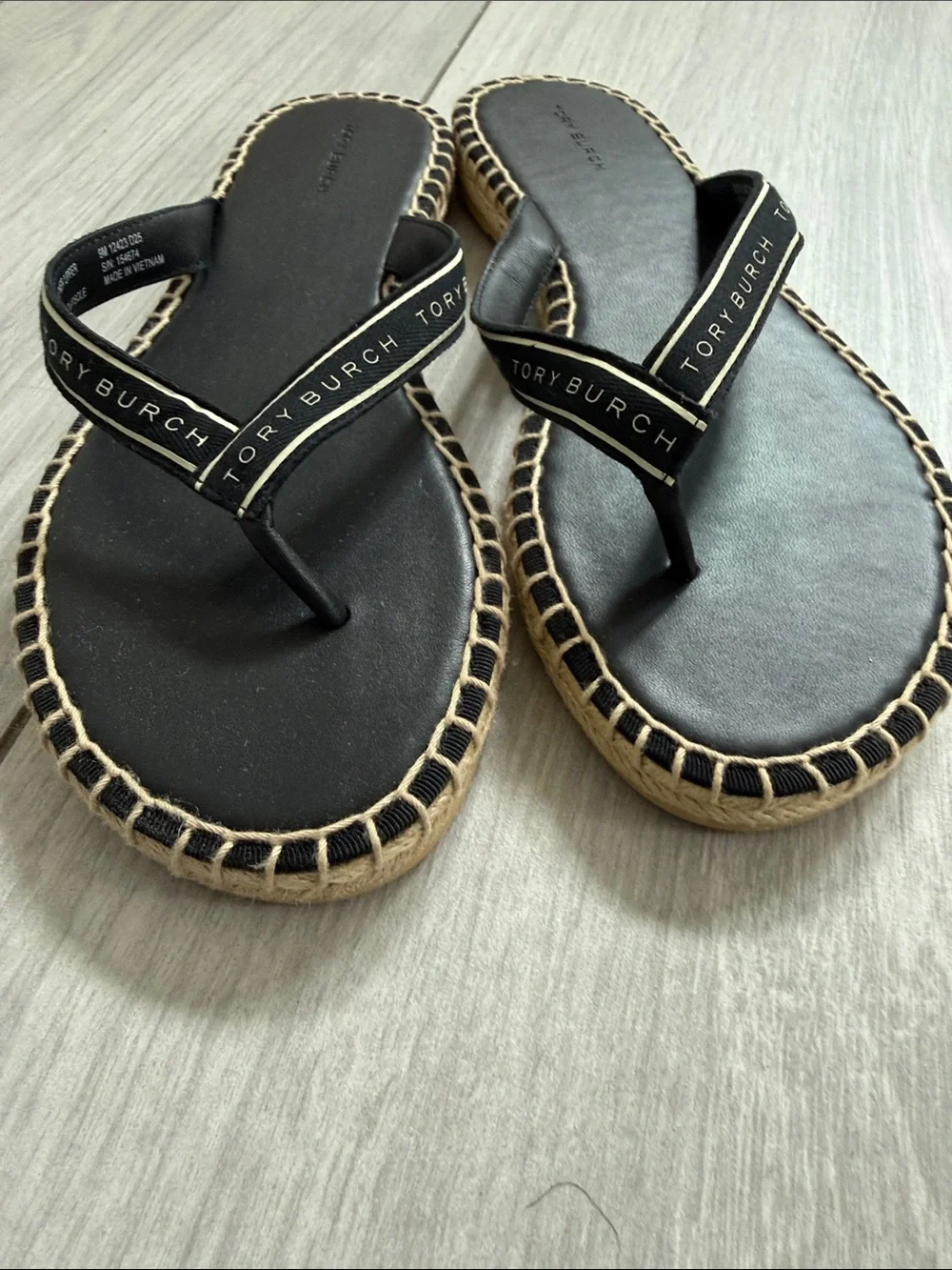 Tory Burch Women's Tory Ribbon Thong Espadrilles, Perfect Black/ New Cream Sz 9